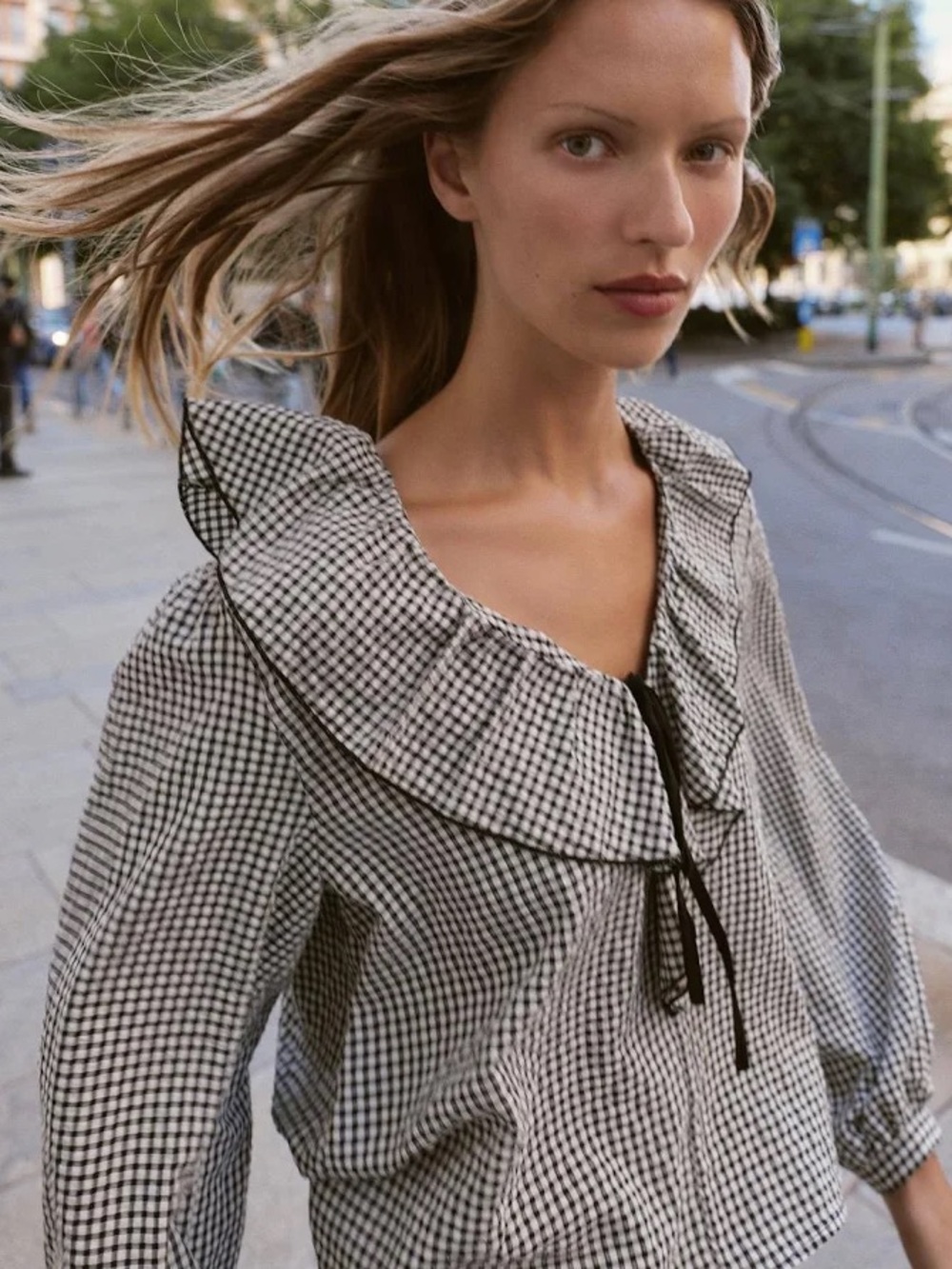 Zara Black and White Gingham Ruffled Tie-Front Blouse